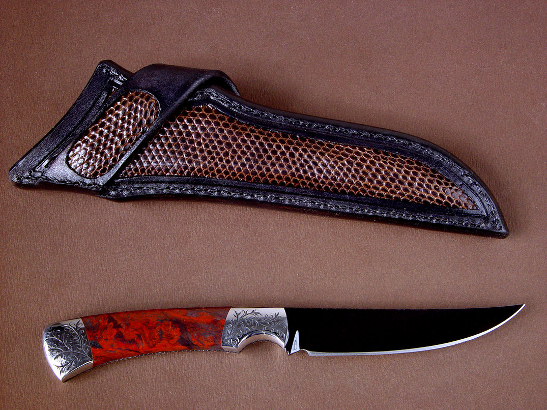 "Wasat" reverse side view in mirror polished hot blued O1 high carbon tungsten-vandium alloy tool steel blade, hand-engraved 304 stainless steel bolsters, Fossilized Stromatolite gemstone handle, Tegu lizard skin inlaid in hand-carved leather sheath