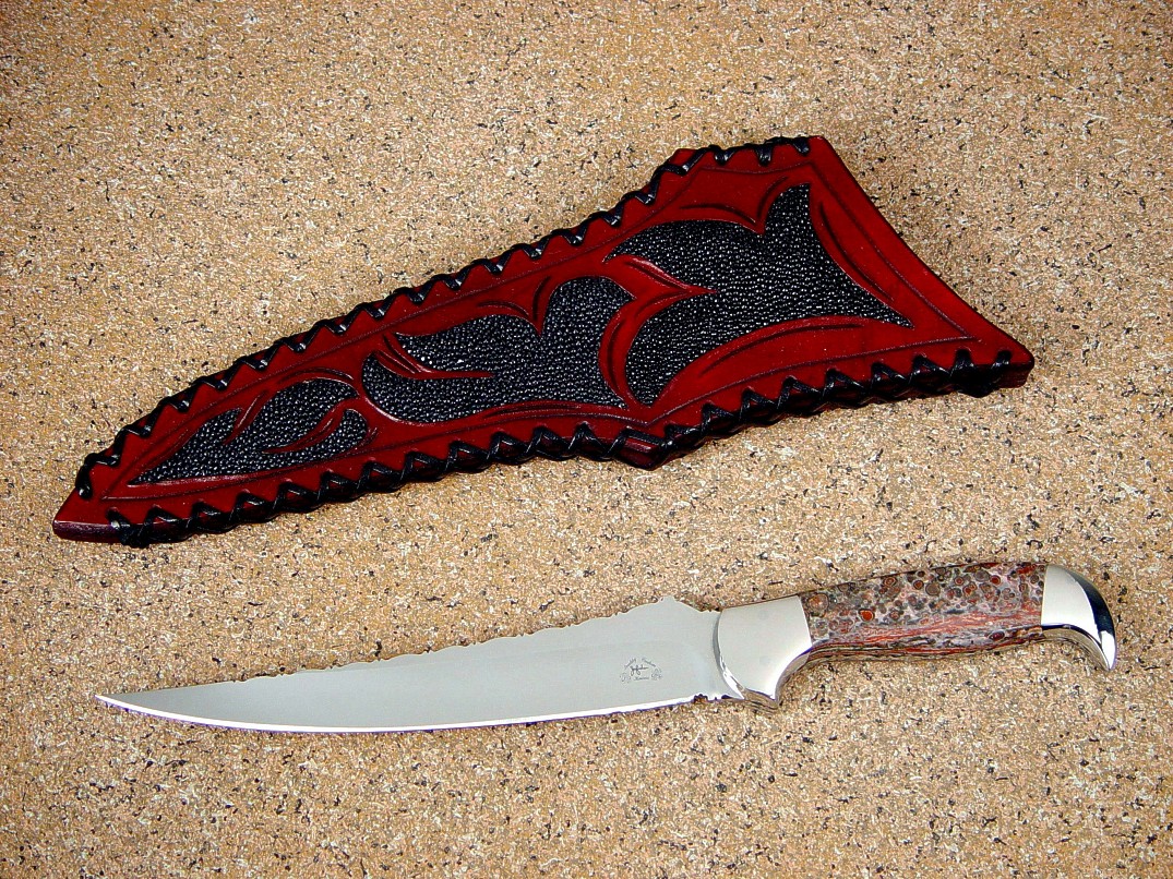 "Zorya" obverse side view in 440C high chromium stainless steel blade, 304 stainless steel bolsters, Leopard Skin jasper gemstone handle, hand-laced leather sheath inlaid with black stingray skin