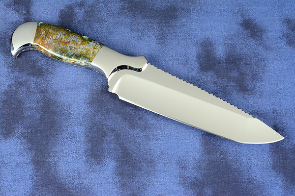 "Axia EL" fine handmade knife reverse side view  in T3 deep cryogenically treated CPM 154CM high mollybdenum powder metal technology martensitic stainless steel blade, 304 stainless steel bolsters, Linda Marie Moss Agate gemstone handle, hand-carved leather shoulder inlaid with green, black ray skin
