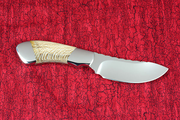 "Kochab" reverse side view in T3 deep cryogenically processed 440C high chromium martensitic stainless steel blade, 304 stainless steel bolsters, Petrified Sycamore Wood gemstone handle, sheath of lizard skin inlaid in hand-carved leather shoulder, nylon 