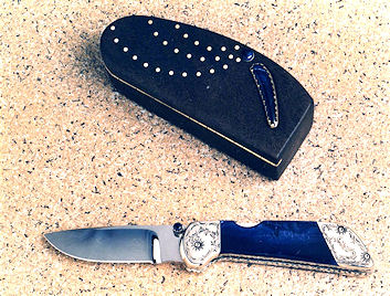 My "Pinon" folding knife, mid-1980s, with sodalite handle and engraved nickel silver bolsters