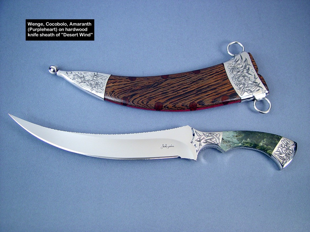 A trio of hardwoods used on this knife sheath: Wenge, Cocobolo, and Amaranth (Purpleheart) 