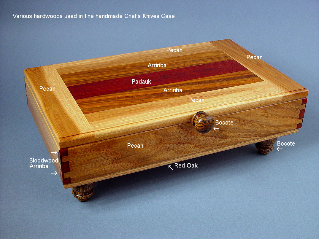 Various hardwoods use in chef's knives display, storage, presentation case: Pecan, arririba, cordia, bocote, padauk, bloodwood
