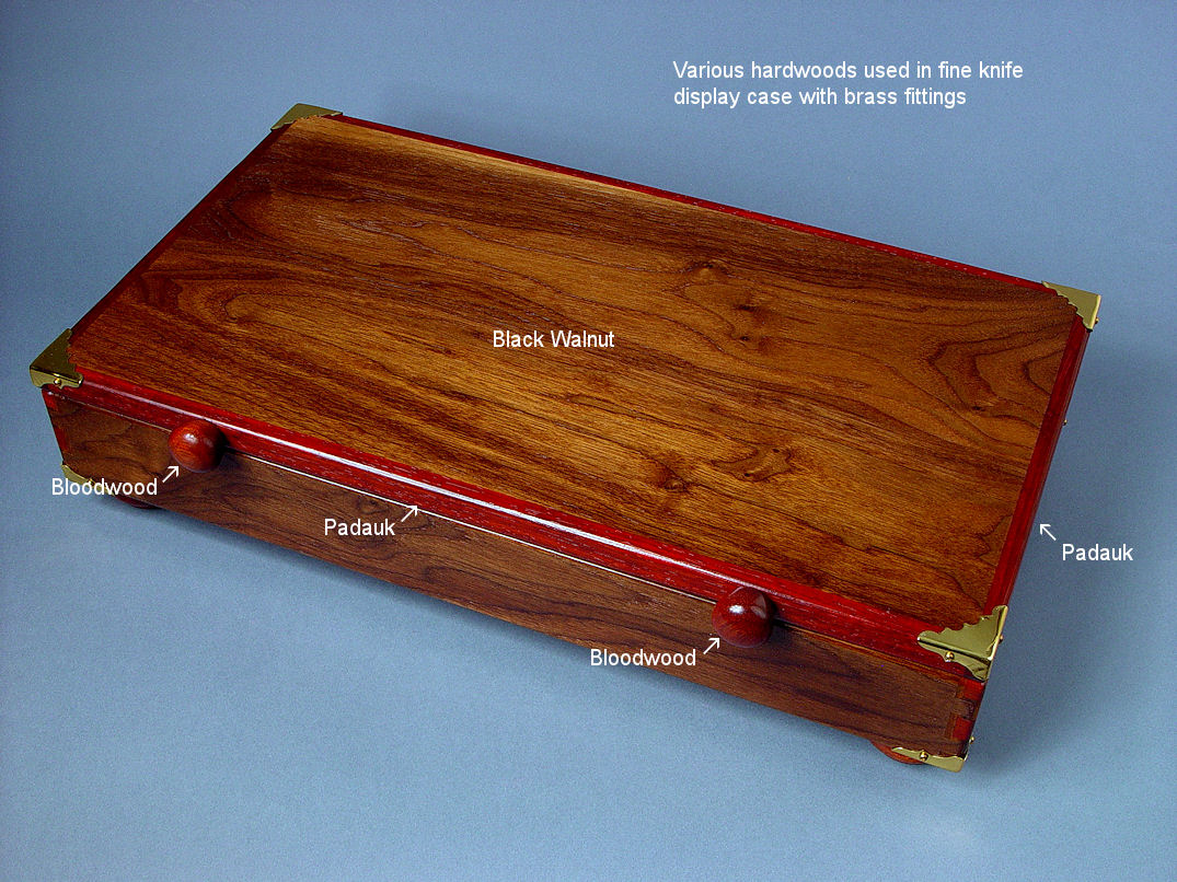 Various hardwoods used in knife display and presentation case: American Black Walnut, Bloodwood, Padauk