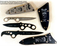 Skeletonized knives made for 101st Airborne for Operation Iraqi Freedom with tension fit engraved sheaths. Knives are blued O1 and ATS-34 stainless steel