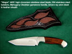 "Alegre" 440C high chromium stainless steel blade, 304 stainless steel bolsters, Mahogany Obsidian gemstone handle, brown rayskin inlaid in hand-carved leather sheath