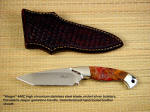 "Alegre" Fine working, collector's knife: mirror polished 440C stainless steel blade, nickel silver sculpted bolsters, Polvadera Jasper Gemstone handle, hand-tooled basketweave leather sheath