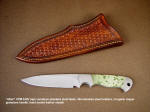 "Altair" Obverse side view: CPM S30V high vanadium stainless steel blade, 304 stainless steel bolsters, Frogskin Jasper gemstone handle, hand-stamped and tooled leather sheath