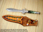 "Ariel" athame, athane style dagger in mirror polished hollow ground hand-engraved 440C stainless steel blade, 304 stainless steel, nickel silver, sterling silver fittings, Nephrite Jade gemstone handle, hand-tooled leather sheath 