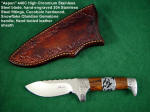 "Aspen" 440C high chromium stainless steel blade, hand-engraved 304 stainless steel guard and pommel, Cocobolo hardwood, Snowflake Obsidian Gemstone handle, hand-stamped leather sheath
