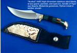 "Aunkst" trailing point working, field, dressing knife in stainless steel, brass, and tigereye, malachite gemstone with python, leather sheath