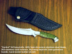 Jade handled working, field, dressing, trailing point knife with stainless blade and fittings, leather basketweaved sheath