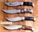 "Aunkst" western trailing point knife designs, hidden tang, gemstone and hardwood handles, brass fittings