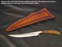 "Boning" knife: satin finished 440C Stainless, hollow ground, fine cook prep knife, nickel silver fittings, stabilized birch handle, leather sheath