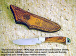 Buckhorn Skinner, Fine Stainless Steel Knives, Exotic Hardwood Handles, Hand-Tooled Leather Engraved Sheaths