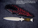 "Classic" full tang dagger in stainless steel, double edged, hollow ground, mirror polished, 304 stainless steel bolsters, blue tiger eye gemstone handle, Red stingray skin inlaid sheath