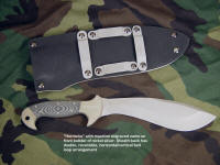 Name engraved into nickel silver bolster of combat knife is deep and permanent