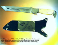 USAF Pararescue commemorative, working knife in etched stainless steel blade, green gold electroform, and etched nickel silver sheath flashplate