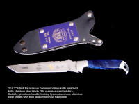 USAF Pararescue PJLT commemorative knife, with etched stainless steel blade, electroformed green gold footprints on stainless blade