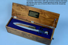 "Concordia" chef's knife, with silicone prise in walnut case, note drawer handle on lower right side of case for sharpening stone