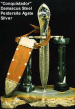 Fine investment grade knives and daggers: damascus steel, blued steel, carved leather, gemstone handles and stands: "Conquistador" 