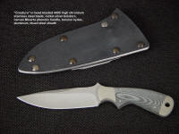 "Creature" CSAR, tactical knife, obverse side view in bead blasted 440C stainless steel blade, nickel silver bolsters, canvas micarta handle, kydex, aluminum, blued steel sheath