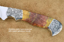 "Aldebaran" obverse side engraving detail in CPM154CM high molybdenum powder metal technology stainless steel blade, hand-engraved 304 stainless steel bolsters, Sunset Jasper gemstone  handle, hand-carved leather sheath inlaid with ostrich leg skin
