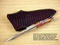 "Lightning bolt" style of filework pattern on fine handmade custom  knife tang, spine and handle is bold and meticulous