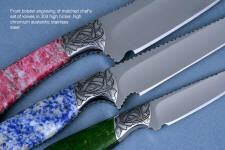 Bolster embellishment: hand-engraved 304 stainless steel with gemstone  handles of this Antheia chef's set