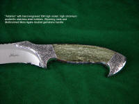 Hand-engraving of 304 austenitic stainless steel bolsters. Nephrite Jade and Moss Agate Gemstone handle