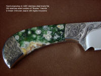 "Bootes ST" in hand-engraved 440C high chromium stainless steel blade, hand-engraved 304 stainless steel bolsters, Green Orbicular Jasper gemstone handle, hand-carved leather sheath