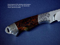"Grus" obverse side view in 440C high chromium stainless steel blade, hand-engraved 304 stainless steel bolsters, Spiderweb Jasper gemstone handle, hand-carved leather sheath