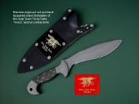 "Horus" obverse side view in ATS-34 high molydenum stainless steel blade, 304 stainless steel bolsters, engraved, Micarta phenolic handle, locking kydex, aluminum, stainless steel sheath with black lacquered brass engraved flashplate.