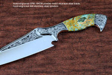 "Malaka" fine custom handmade knife in hand-engraved CPM 154CM powder metal technology stainless steel, T4 deep cryogenically treated, bolsters of hand-engraved 304 stainless steel, Plasma agate and Nephrite Jade gemstone handle, hand-carved leather crossdraw sheath with stainless steel hardware