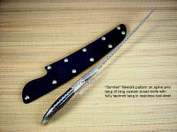Sunrise filework pattern on custom bread knife spine and handle tang