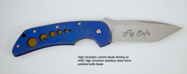 High resolution, custom fine handmade folding knife etching, in personal text and font