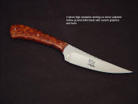 Personal fonts, text, name and graphics etched on custom knife blade mirror polished hollow grind