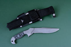 "Alastor" Tactical Combat, counterterrorism knife, reverse side view. Sheath back showing Ultimate belt loop extender with sharpener pocket secured with stainless steel straps and hardware