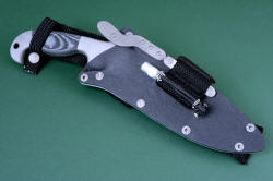 "Alastor" counterterrorism, combat knife, sheathed view. Sheath is hybrid tension-locking with variable spring arrangements and versatile accessory and mounting options