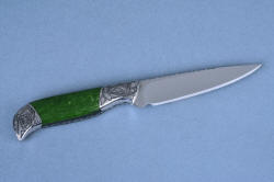"Antheia" "Corymbus" paring knife in hollow ground and mirror polished 440C high chromium stainless steel blade, hand-engraved 304 stainless steel bolsters, California Nephrite Jade gemstone with black Australian nephrite jade gemstone handle