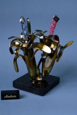  "Antheia" custom handmade knife sculpture,  cast bronze stand, gemstone handled chef's knife set
