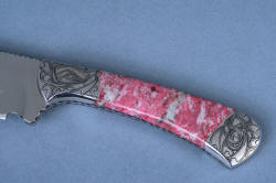"Antheia" "Cygnus" handle detail in hand-engraved 304 stainless steel bolsters and Thulite gemstone handle