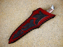 "Zorya" sheathed view. Sheath is hand-carved, hand-inlaid with black stingray skin, hand-laced
