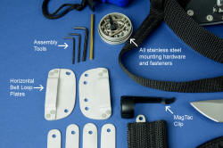 "Arctica" individual item details, descriptions: Assembly tools, Horizontal belt loop plates, stainless steel mount hardware, flashlight clip
