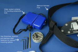 "Arctica" individual item details, descriptions: Water resistant component container, sternum harness plus, mounting tools