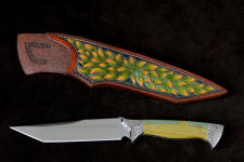 "Argyre" obverse side view in 440C high chromium stainless steel blade, 304 stainless steel hand-engraved bolsters, Australian Landscape Jasper gemstone handle, hand-carved, hand-dyed leather sheath