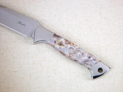 "Argyre" fine collector's, tactical knife, obverse side handle detail. Note fine grind lines, sculpted front bolster, stunning agate knife handle
