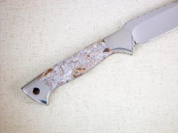 "Argyre" handmade tactical knife, reverse side handle detail. Lace agate is hard and polished, bolsters are tough 304 stainless steel.