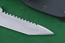 "Ari B' Lilah" Custom Counterterrorism Tactical Combat Knife, point, serration detail. This is a very hard, extremely sharp and aggressive blade with a substantial spine for supporting strength