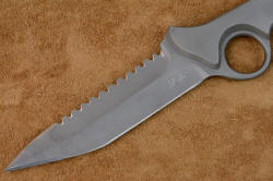 "Ari B' Lilah"  Counterterrorism Tactical Combat Knife, obverse side blade detail. Razor keen single bevel blade in hard and tough RC60 ATS-34 stainless steel 